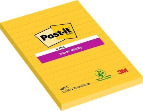 Samolepicí bloček 3M POST-IT Super Sticky, žlutý, 102x152 mm, 75 listů, linkovaný,