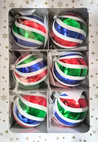 Vánoční skleněné koule 10cm, lesk, retro dekor (modrá, zelená, červená), 6ks