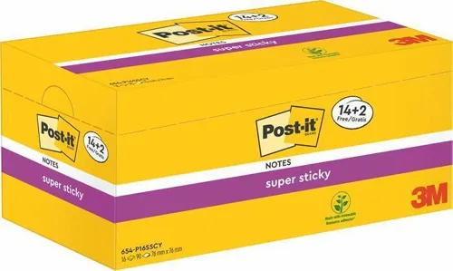 Samolepicí bloček 3M POST-IT Super Sticky, žlutá, 76x76 mm, 16x90 listů