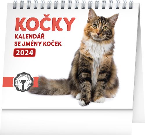 Stolní kalendář Presco Group 2024 - Kočky - se jmény koček, 16,5 × 13 cm