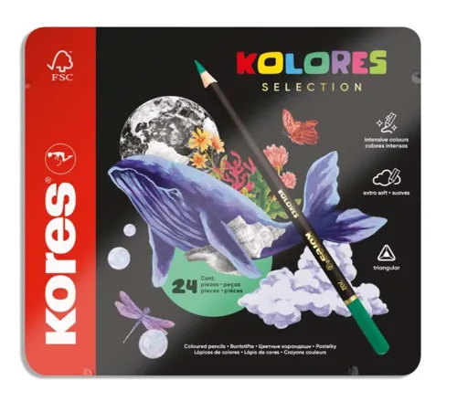 Trojhranné pastelky Kores Kolores Selection 24ks, kovové pouzdro