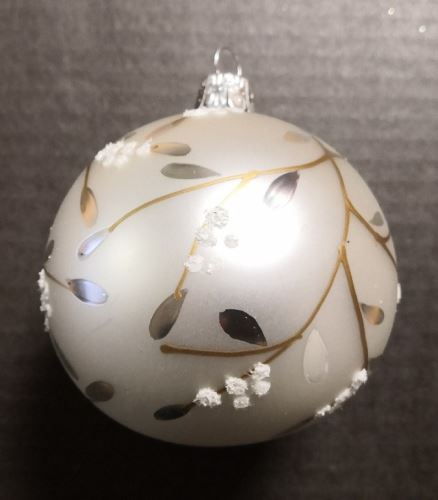 Vánoční skleněné koule 7cm, hladká, bílý mat, malovaný větvičkový dekor, 6ks