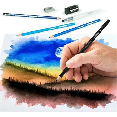 Akvarelové pastelky STAEDTLER Design Journey, sada 12ks se štětcem, pryží, ořezávátkem, graf. tužkami