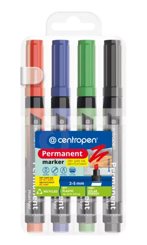 Značkovač Centropen 8516 nevysychavý permanentní, klínový hrot - sada 4ks