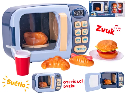 Mikrovlnná trouba 22 × 15 × 10 cm s doplňky se světlem a zvukem na baterie - modrá