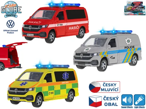 Auto Kids Globe Traffic VW záchranné složky CZ kovové 13,5 cm na zpětné natažení česky mluvící se světlem