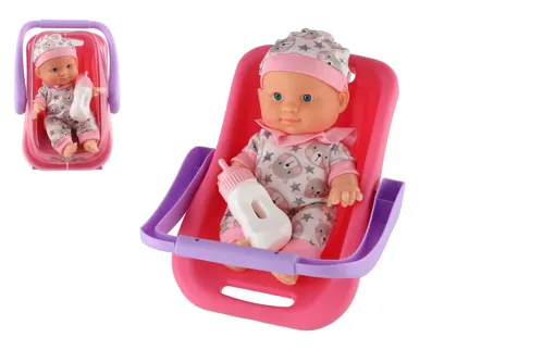 Panenka miminko pevné tělo v autosedačce s lahvičkou 22 cm - mix barev