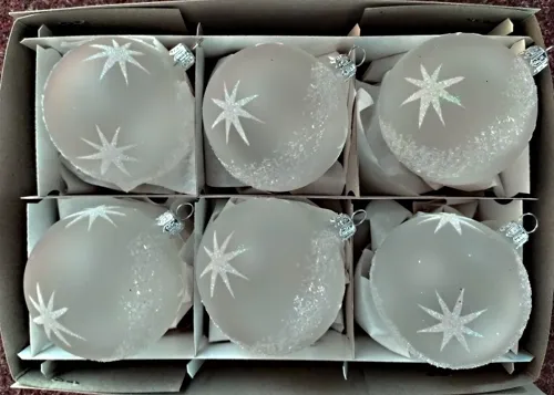 Vánoční skleněné koule 7cm, průhledné, bílý mat, bílý dekor hvězd, 6ks