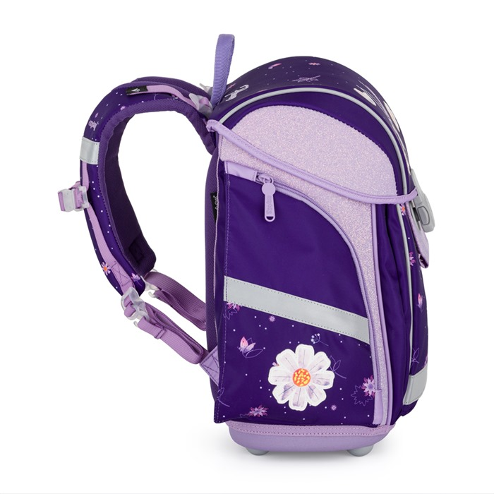 Školní batoh Oxybag Premium Light Flowers – pohled zboku se zádovým systémem a popruhy