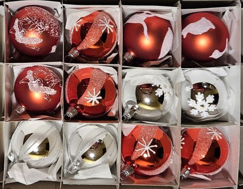 Vánoční skleněné koule 6cm, červené a stříbrné, mat/lesk, bílý/stříbrný dekor, 12ks