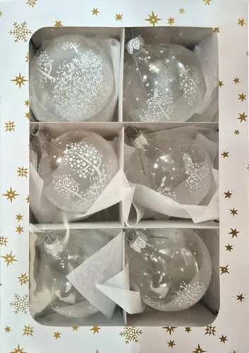 Vánoční skleněné koule 7cm, čiré, lesk, motiv stromů, 6ks