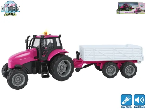 Traktor s vlečkou Kids Globe Horses kovový 25 cm na setrvačník se světlem a zvukem na baterie
