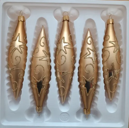Vánoční skleněné ozdoby - Rakety zlaté 14x3cm, zlatý mat, dekor hvězd, 5ks