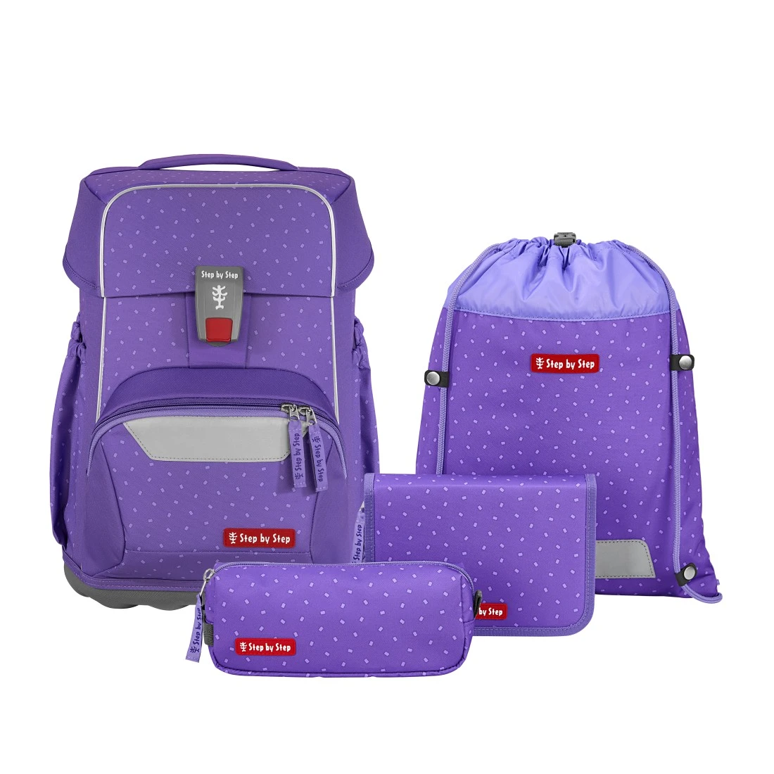 Čtyřdílný set Step by Step BASIS Purple Konfetti – aktovka, penál, pouzdro a pytlík