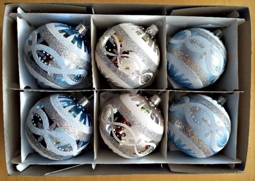 Vánoční skleněné koule 7cm, hladké, barevné, lesk/mat, dekor, 6ks
