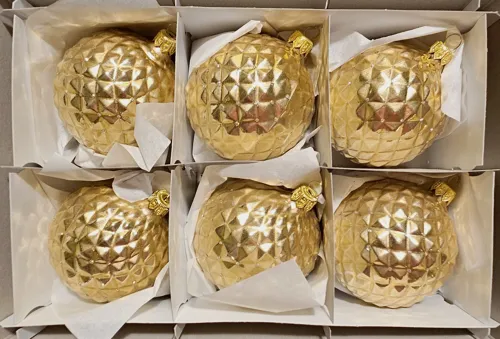 Vánoční skleněné koule 8cm, zlaté, plastické, mat, třpytivé tečky, 6ks