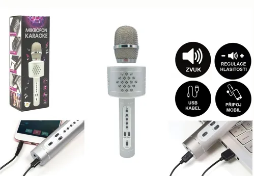 Mikrofon karaoke Bluetooth s USB kabelem - stříbrný