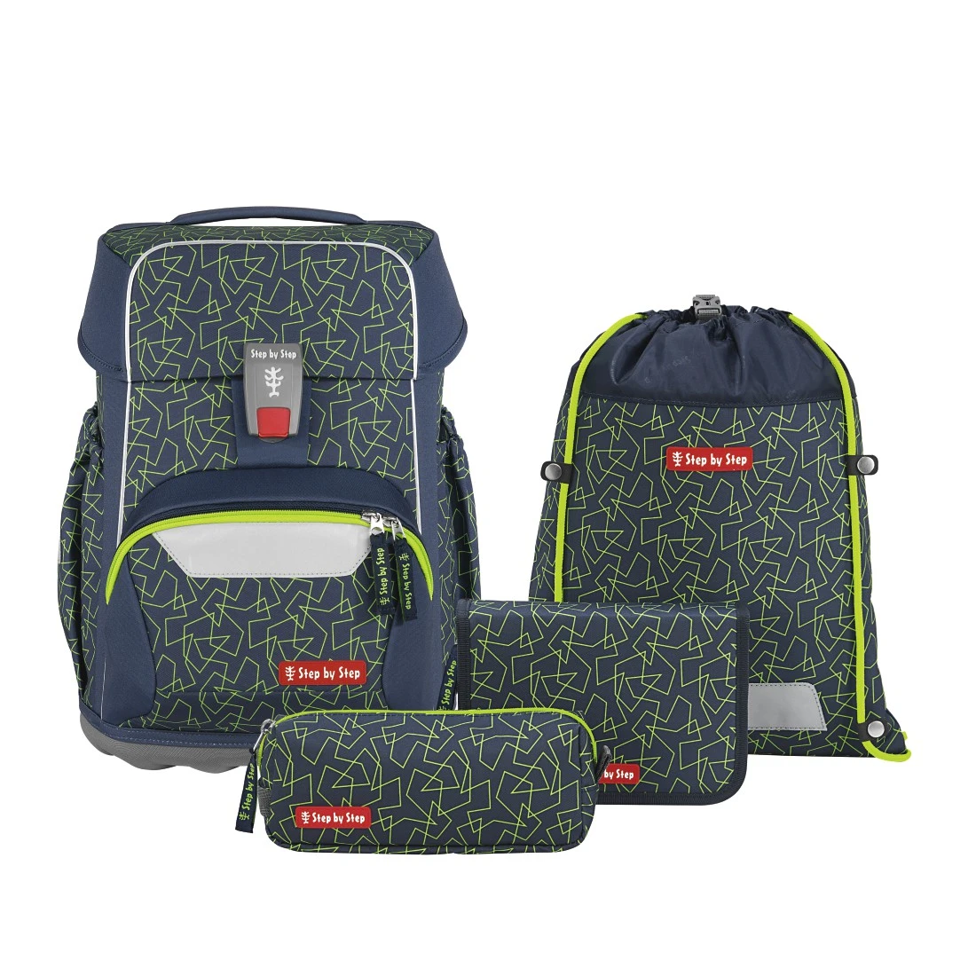 Kompletní 4-dílný set Step by Step BASIS Green Geometric – aktovka, penál, pouzdro a pytlík na cvičební úbor