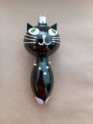 Vánoční skleněná ozdoba - Kočka černá 13cm, stříbřená, černý porcelán, malovaný dekor