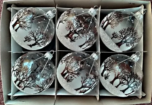 Vánoční skleněné koule 10cm, hladké, čiré, lesk, barevný dekor stromů, 6ks