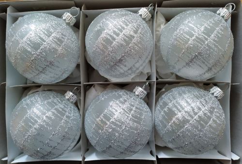 Vánoční skleněné koule 7cm, průhledné, bílé, mat, dekor, 6ks