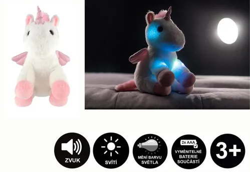 Plyšový snílek jednorožec s křídly se zvukem a světlem 38 cm