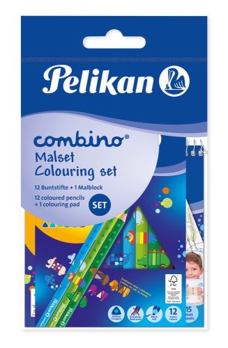 Pastelky trojhranné silné Pelikan Combino - 12 barev + omalovánky