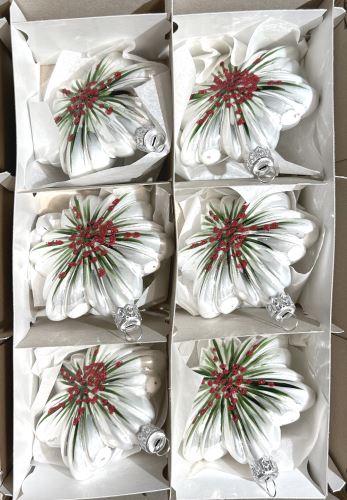 Vánoční skleněné ozdoby - Kytky, bílé, lesk/mat, barevný dekor, 6ks