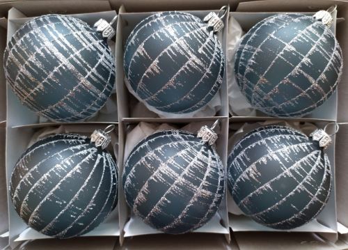 Vánoční skleněné koule 7cm, průhledné, šedý mat, dekor, 6ks