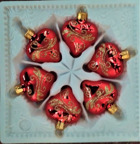 Vánoční skleněné ozdoby - Srdce červené 5,4 x 5,3 cm, forma, hladké, lesk, zlatý dekor, 6ks