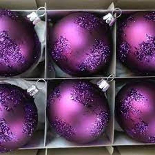 Vánoční skleněné koule 7cm, hladké, tmavě fialový mat, sypaný dekor, 6ks