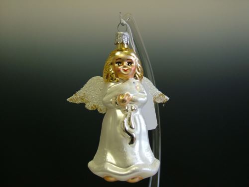 Vánoční skleněná ozdoba - Anděl s holoubkem velký, bílý, mat, dekor