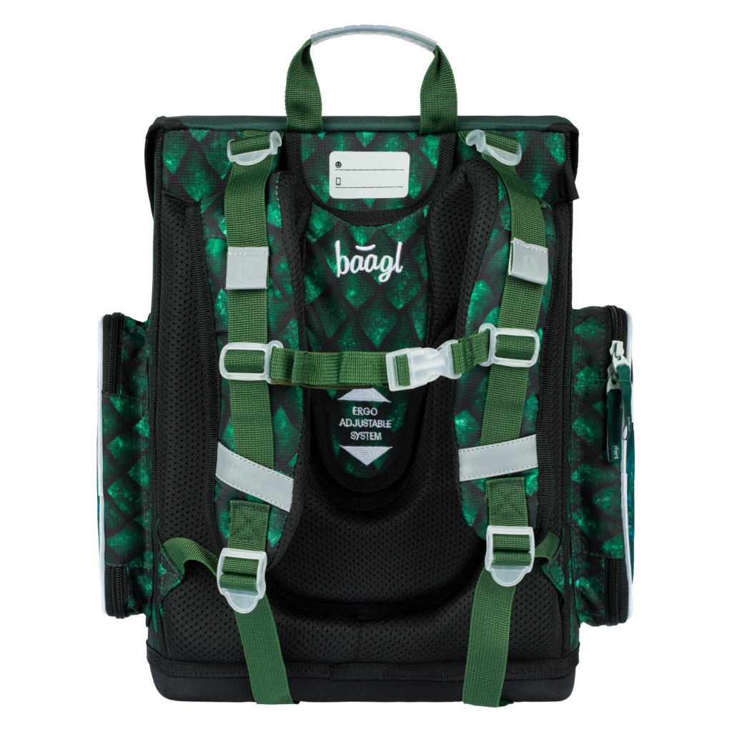 Zadní strana školní aktovky BAAGL ERGO Drak se zádovým systémem ERGO ADJUSTABLE SYSTEM a nastavitelnými popruhy