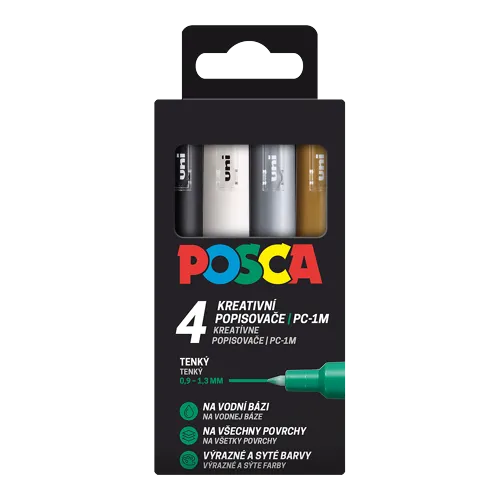 Sada dekoračních popisovačů Posca PC-1M, 0,7 mm, 4 barvy - černá, bílá, zlatá, stříbrná