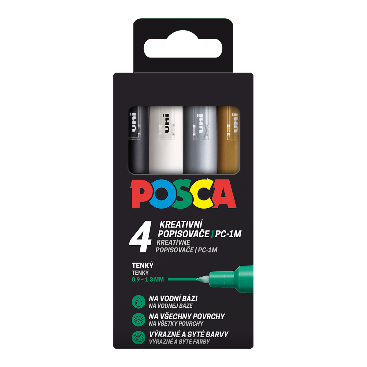 Levně Sada dekoračních popisovačů Posca PC-1M, 0,7 mm, 4 barvy - černá, bílá, zlatá, stříbrná