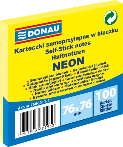 Samolepící bloček 76 x 76 mm DONAU, 100 listů - neonově žlutý