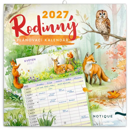 Nástěnný rodinný plánovací kalendář 2027 Notique Zvířátka, 30x30 cm