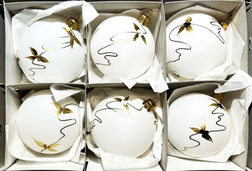 Vánoční skleněné koule 8cm, bílé, zlatý dekor, 6ks