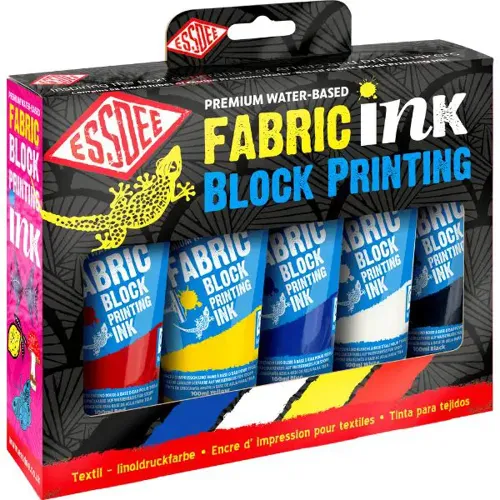 Sada textilních barev na linoryt 5x100 ml - černá, bílá, červená, žlutá, modrá