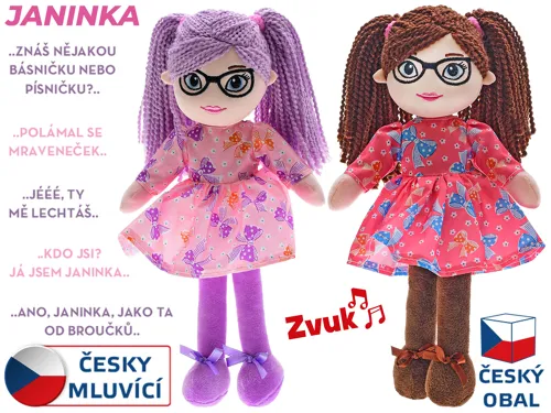 Panenka Janinka hadrová 30 cm s brýlemi, měkké tělo, česky mluvící na baterie - mix barev