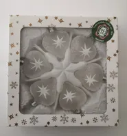 Vánoční skleněné ozdoby - Srdce hladké 5,4 x 5,3 cm, bílé průhledné, mat, bílý dekor hvězd, 6ks (1)