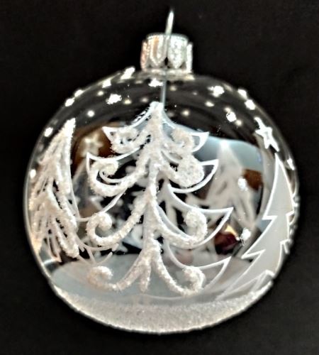 Vánoční skleněné koule 7cm, čiré, lesk, bílý plastický dekor stromů, 6ks