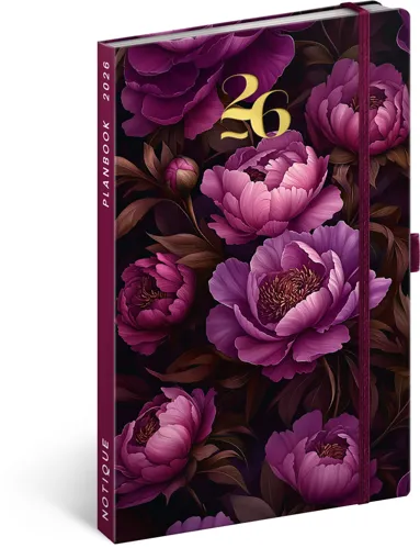 Planbook diář/notes 2026 NOTIQUE - Fialové květy, 13 x 21 cm