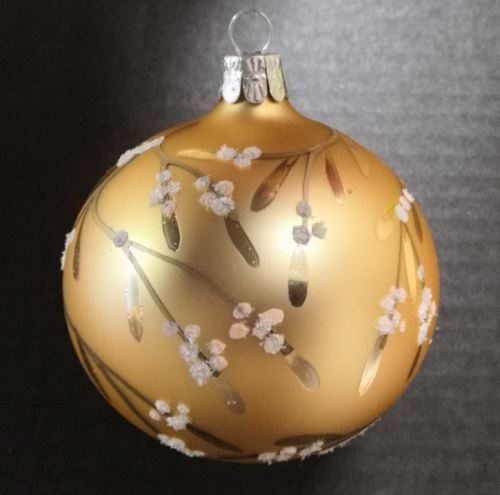 Vánoční skleněné koule 8cm, hladká, zlatý mat, malovaný větvičkový dekor, 6ks