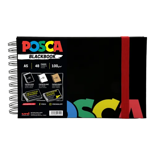 Skicák A5 Posca 48 listů, černý, mix 3 barev papíru