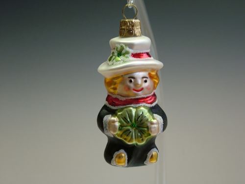 Vánoční skleněná ozdoba - Kominík se čtyřlístkem, forma, bílý klobouk, lesk, dekor