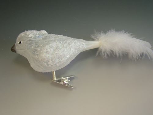 Vánoční skleněné ozdoby - Ptáček chocholka, forma, průhledný, porcelán, bílý dekor, 6ks