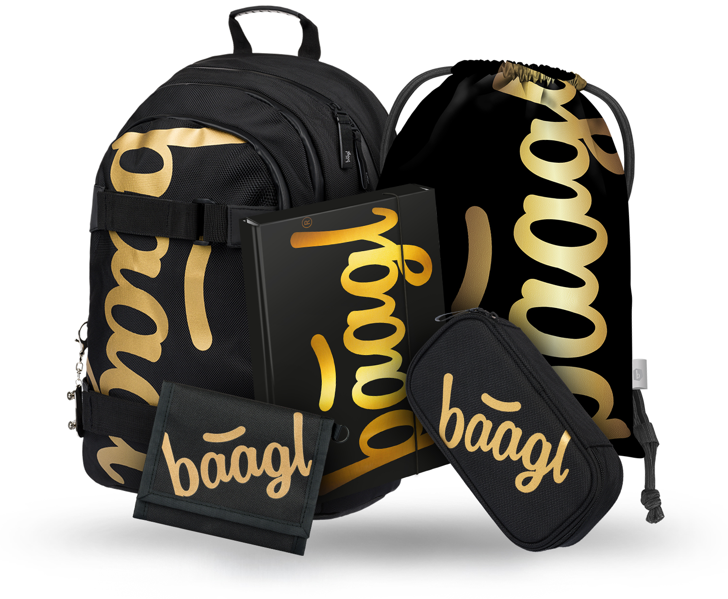 Levně Školní batohový 5-dílný set BAAGL SKATE - Gold ( batoh, penál, sáček, desky, peněženka)