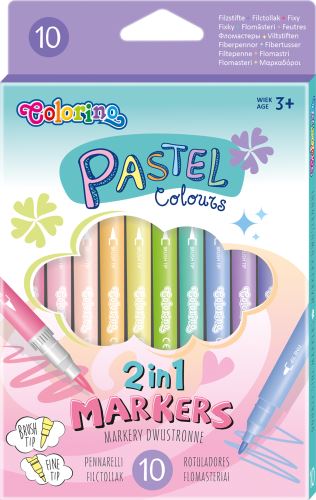 Oboustranné fixy Colorino Pastel, štětcový a tenký hrot - 10 barev