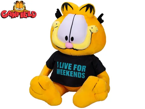 Plyšový Garfield sedící 24 cm s nápisem „I live for weekends“
